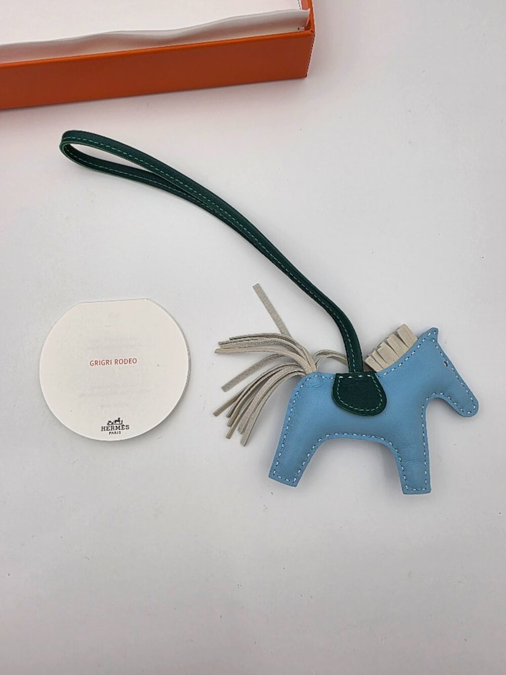 Hermès Milo Lambskin Grigri Rodeo Horse Bag Charm PM in Bleu Céleste, Malachite